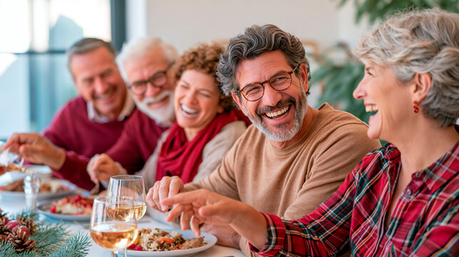 Group of senior friends laughing together while enjoying a festive meal at home, celebrating friendship, happiness and social connection