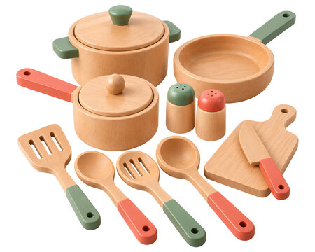 3D wooden kitchen toy set with pots pans spatula cutting board and salt shakers isolated on a transparent background