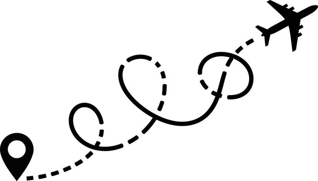 Airplane flight path travel concept with dotted line loops and destination map pin icon on black backdrop.
