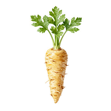 Fresh parsnip root with green leaves isolated on a white background