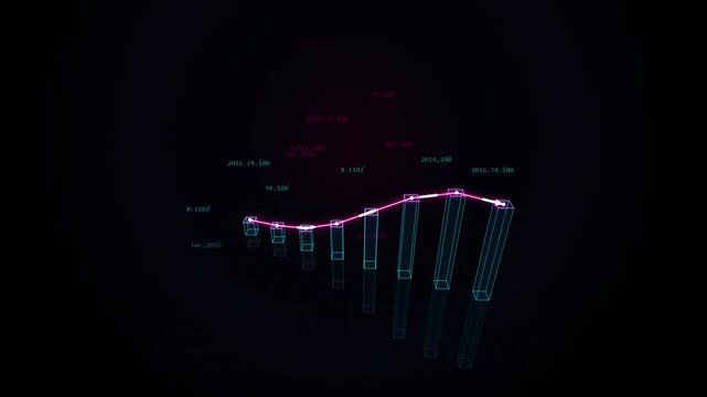 Animated 3 d bar chart with fluctuating data trends and digital analytics overlay for business growth and financial market analysis