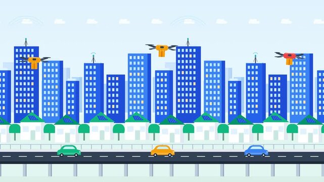 A clean vector metropolis with five precisely tiled parallax layers. Smart towers emit cyan wireless waves that activate autonomous cargo drones, while capsule electric vehicles cross