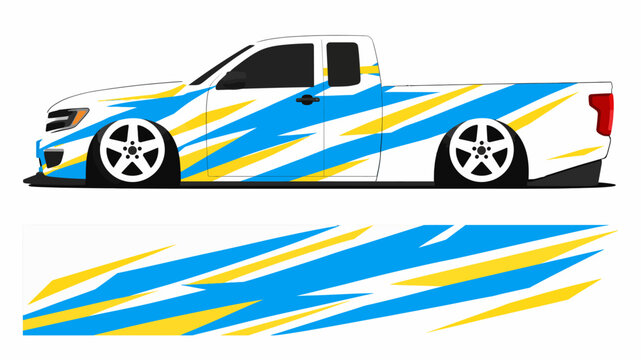 Vibrant blue and yellow race car with aerodynamic stripes and stylized side decals.