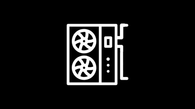 Three identical white icons of computer graphics cards with fans on black background