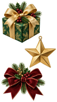 Christmas component set with a green gift, gold star and burgundy bow, separated on white with holly, evergreen foliage and ribbon detail for festive packaging accent and seasonal collage design