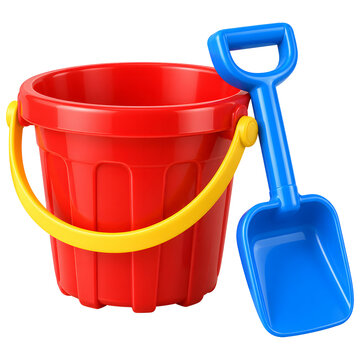 Bright red plastic sand bucket with a yellow handle and a blue toy shovel for beach play isolated on a transparent background