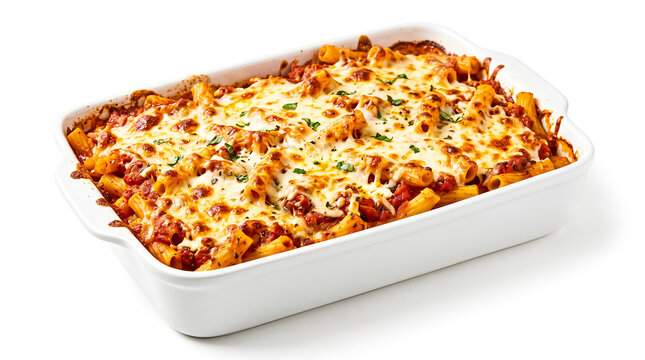 Homemade baked ziti pasta dish with melted cheese herbs and meaty