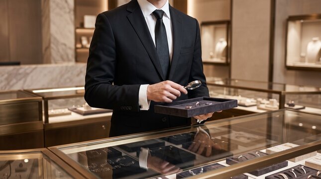 Luxury jewelry consultation showcasing magnifying glass velvet box