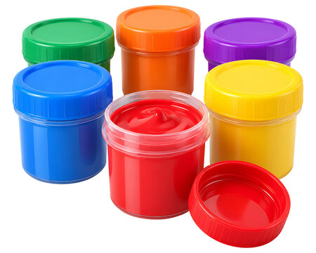 Colorful jars of bright gouache paints in red, blue, green, yellow, orange, and purple isolated on a transparent background