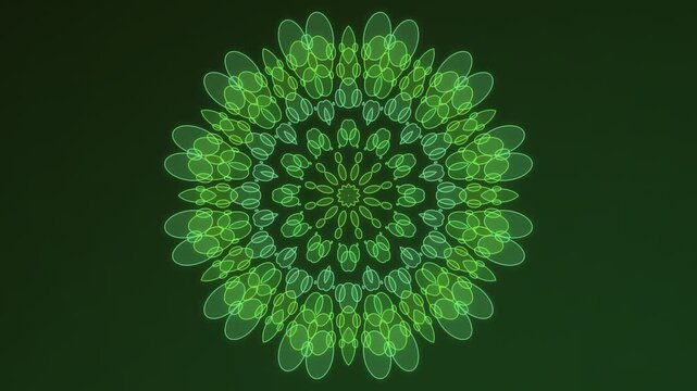 A hypnotic green geometric mandala animation featuring intricate radial patterns and glowing botanical motifs for meditation and relaxation