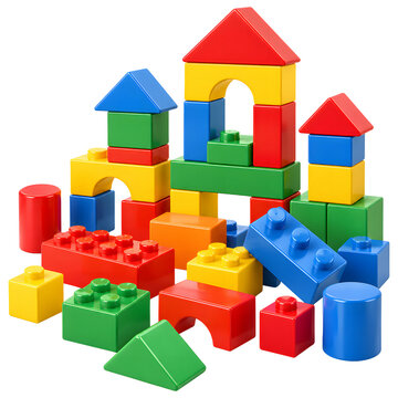 Colorful plastic building blocks arranged into towers and arches for children play isolated on a transparent background
