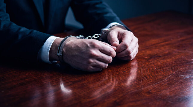 Person wearing suit and handcuffs sitting at wooden desk representing legal consequences crime arrest imprisonment justice trial proceedings and criminal law.