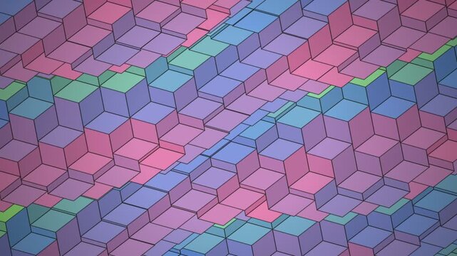 Abstract isometric blocks in a psychedelic pattern with pink, purple, and green hues, creating a vibrant, geometric, and visually captivating digital artwork