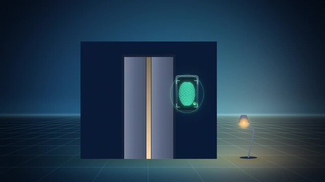 Blue elevator facial recognition scan unlocking with mesh detail view
