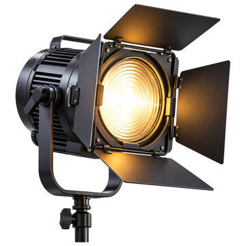 Fresnel spotlight with black barn doors and glowing yellow lens on a studio stand isolated on a transparent background