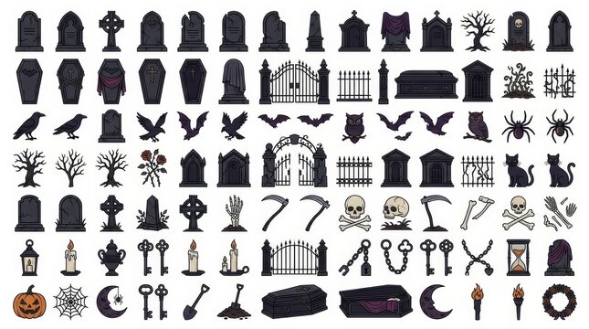Gothic Halloween cemetery vector set of funeral icons