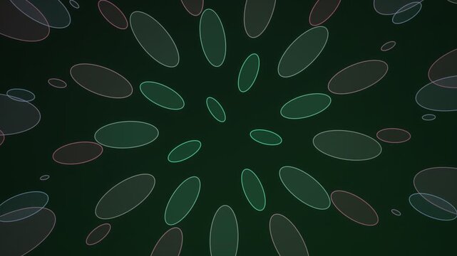 Hypnotic digital art background showcasing an intricate pattern of luminous oval elements expanding outwards, forming a captivating and endlessly looping visual effect