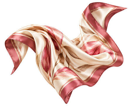 Flowing cream and pink silk scarf with botanical leaf pattern in motion isolated on a transparent background