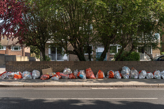 Recycling and rubbish bags lined up for collection in London