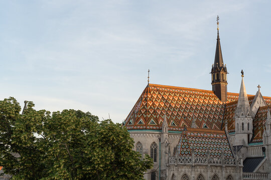 Colorful tiled roof of Matthias Church in Budapest