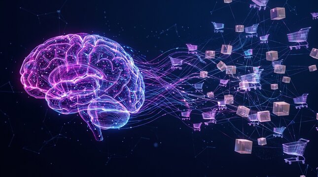 Digital Brain Connected to Online Shopping Carts and Product Packages