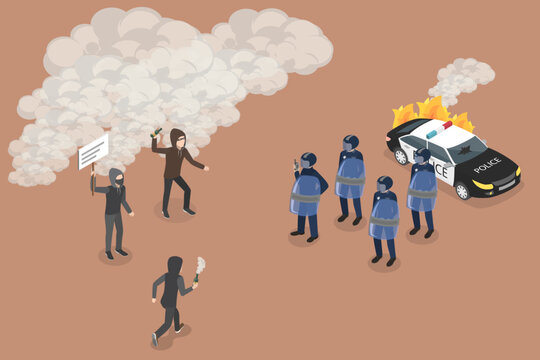 3D Isometric Flat Vector Illustration of Extremism, Angry Protesters Clash With Police, Molotov Cocktails And Shields