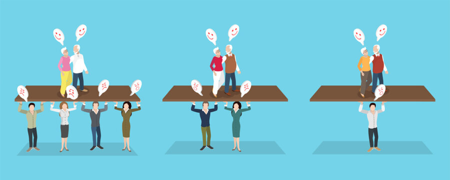3D Isometric Flat Vector Illustration of Aging Population Problem, Workers To Pensioners Ratio, An Analysis Of Employment And Retirement Populations.