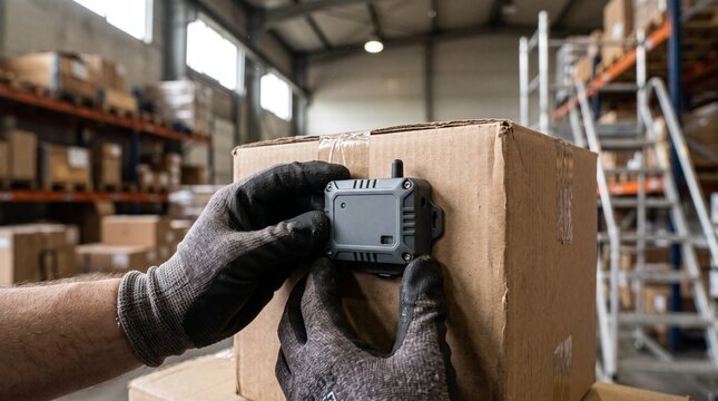 Worker applying a sensor to a parcel in a modern logistics warehouse
