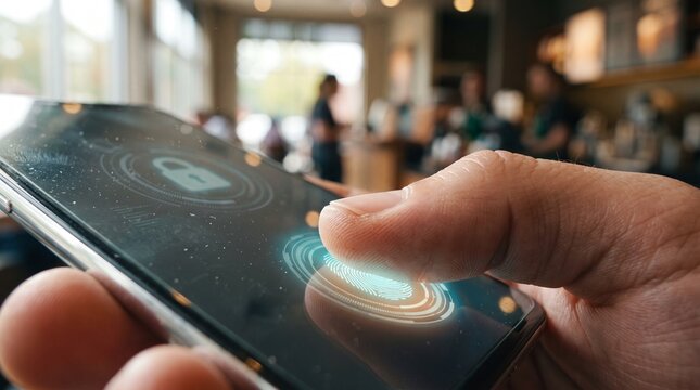 User unlocking digital content with biometric fingerprint on smartphone