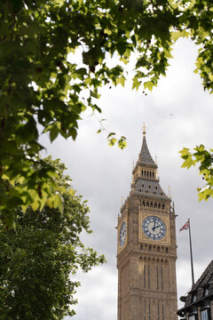 Big Ben framed by green trees in London