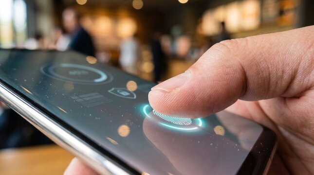 User's thumb scanning smartphone for biometric identity verification