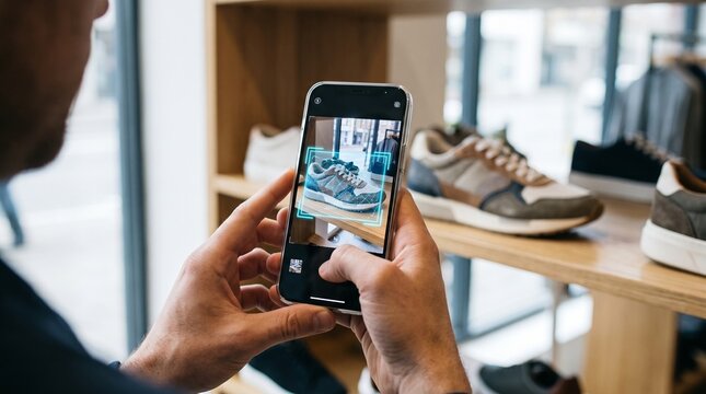 Customer taking picture of stylish footwear in retail shop on phone