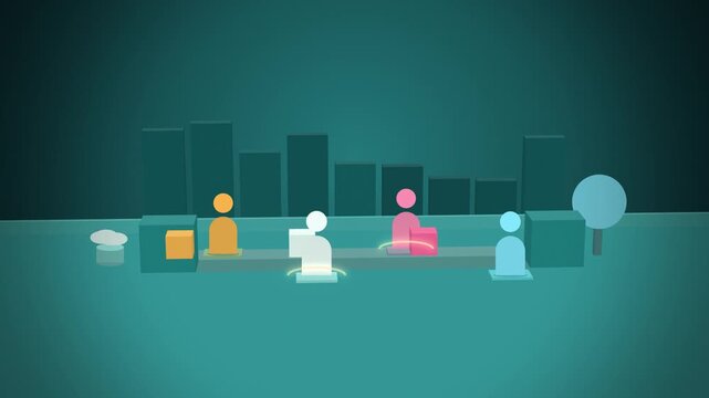 Teal pictogram crate passing along a row of team room scene assembling