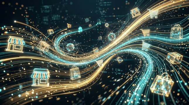 Digital e-commerce network with glowing shopping icons and data