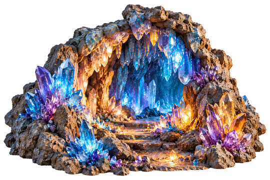 Glowing crystal cave with blue and purple gemstones and rocky formations isolated on a transparent background