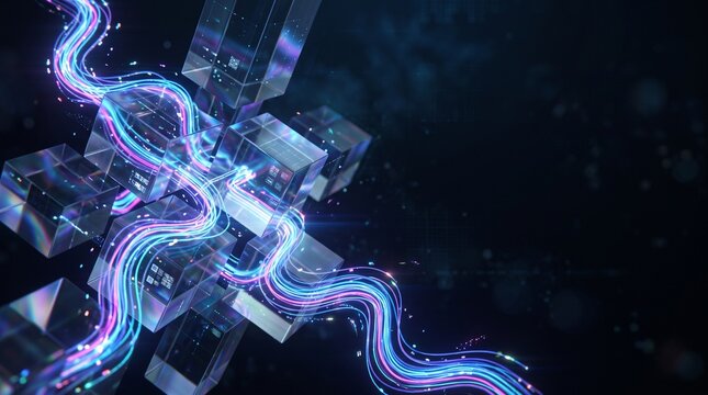 Abstract Digital Data Flow with Glowing Neon Lines and Glass Cubes