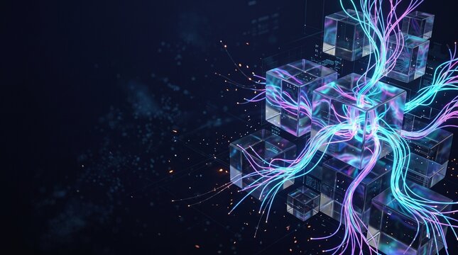 Glowing Particles Flowing Through Cubes in Futuristic Abstract Background