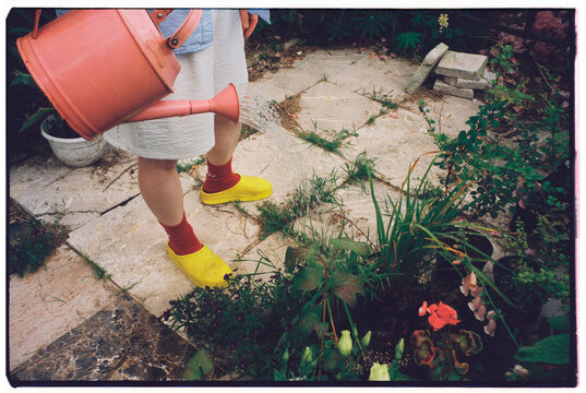 Person watering plants in garden