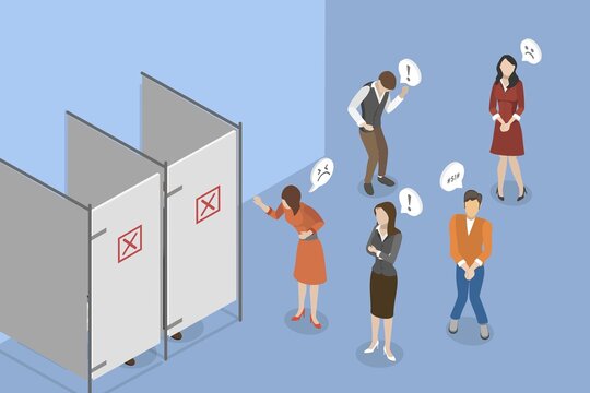 3D Isometric Flat Vector Conceptual Illustration of Public Restroom, Queue to Toilet