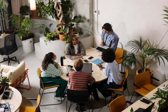 Team of creatives discussing digital project ideas with laptops.