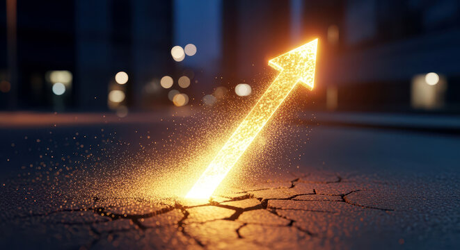 Glowing arrow breaking through cracked ground symbolizing growth and breakthrough