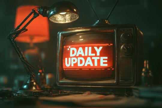 Old tv screen showing daily update message with desk lamp in a dark room