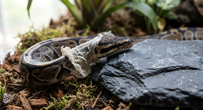 Ball python shedding skin on rock in terrarium, close-up of natural behavior