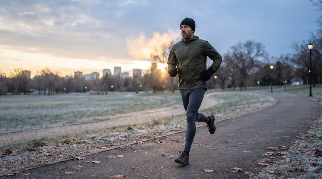 A man in a dark jacket and knit cap runs along a frost-dusted park trail at dawn, with bare trees and a distant city skyline under a pale sky.