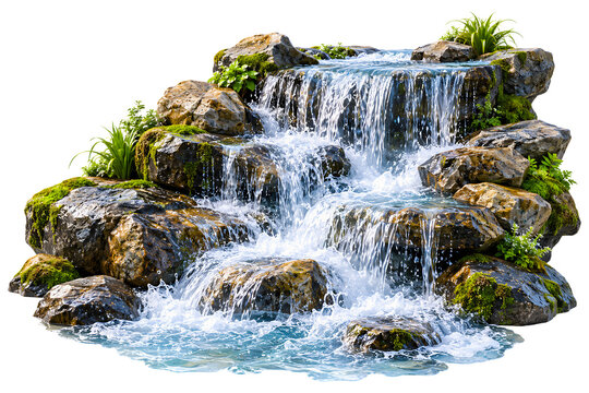 Miniature waterfall with cascading water over mossy rocks and lush green plants isolated on a transparent background