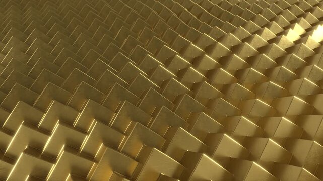 A 3D rendering of luxury brushed gold metallic geometric cube pattern moving in continuous wave motion seamless loop background.