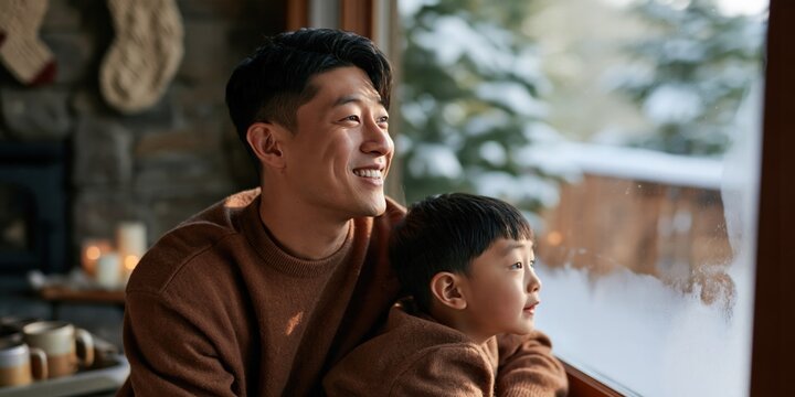 Father and son looking out a snowy window in a cozy living room with fireplace and holiday decorations for family winter lifestyle background and seasonal greeting banner