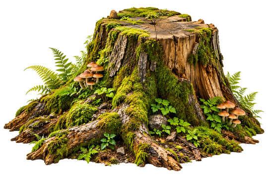 Mossy tree stump with mushrooms and ferns 3D render isolated on a transparent background