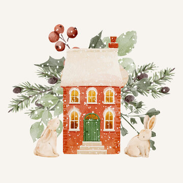 Watercolor red Christmas cottage surrounded by evergreen branches holly berries and woodland rabbits. Charming winter illustration for holiday cards festive invitations nursery prints and seasonal dec