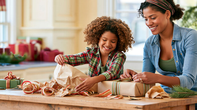 Mother and daughter wrapping christmas gifts together at home, smiling while preparing presents with paper and ribbon for a festive holiday celebration